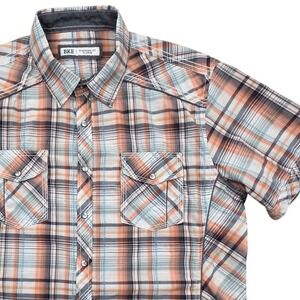 BKE Plaid Western Pearl Snap Short Sleeve Shirt B2786 Orange Gray Mens XL